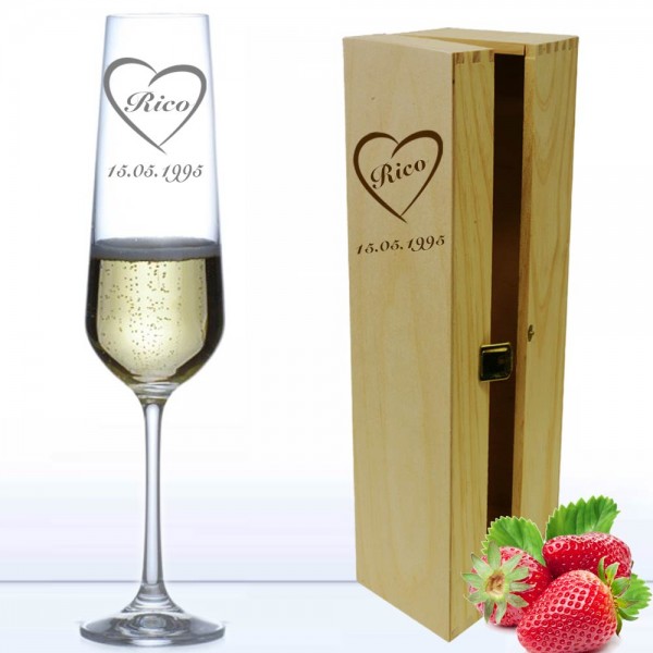 Sektglas Herzranke in Holzkiste