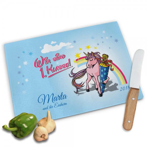 Einhorn Frühstücksbrett zur Einschulung personalisiert