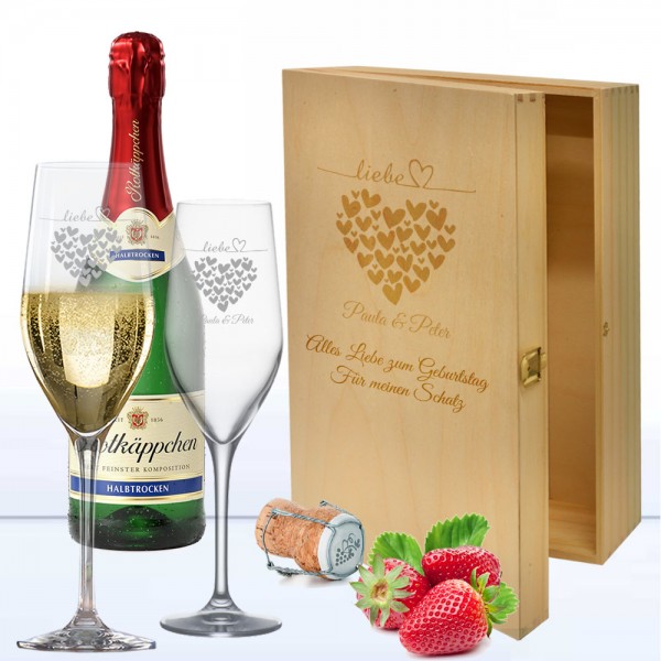 Sekt Geschenkset in 3er Holzkiste mit persönlicher Liebes Gravur