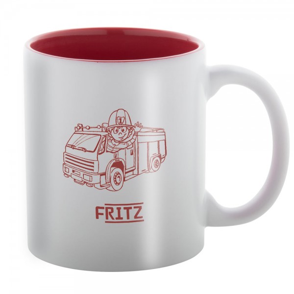 Keramik Tasse mit Gravur eines Feuerwehrautos und Namen