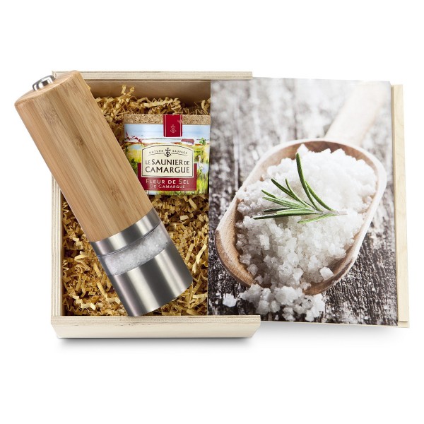 Salzmühle & Fleur de Sel Geschenkset in Holzkiste