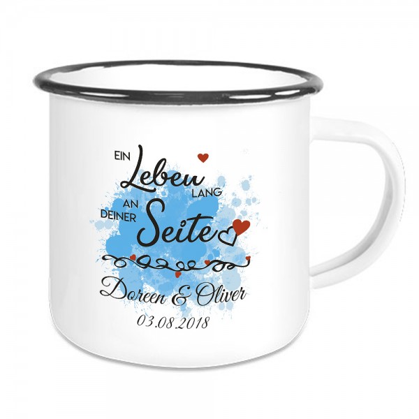 Emaille Tasse mit Ein Leben lang ... mit Namen und Datum