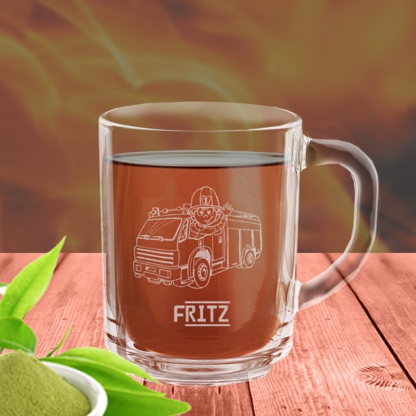 Glastasse Feuerwehr mit Namen personalisiert