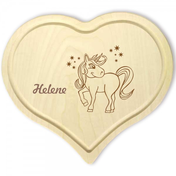 Herz Frühstücksbrettchen mit Einhorn und Namensgravur