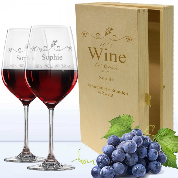 2 Rotweingläser in 2er Holzkiste WINE O CLOCK als individuelles Geschenk