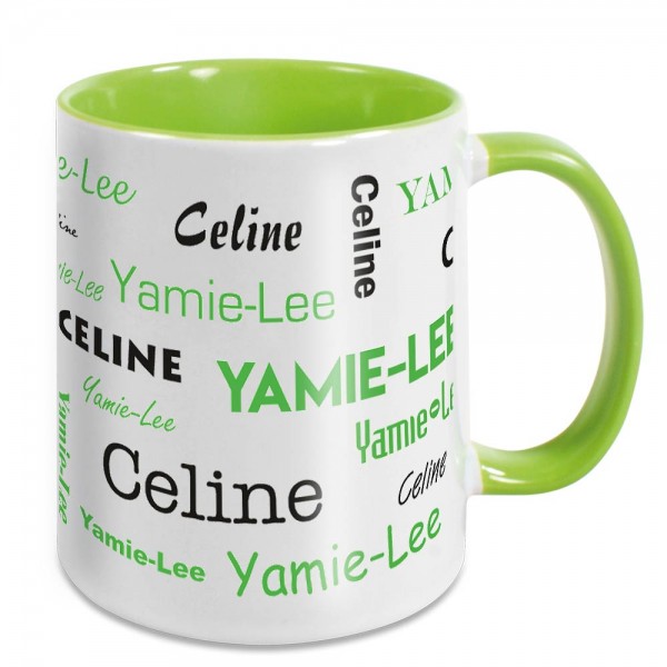 Tasse mit 2 Namen in verschiedenen Schriftarten - grün