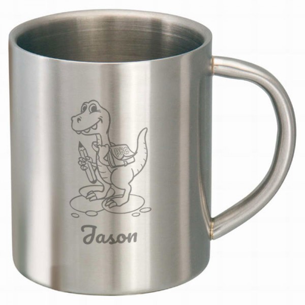Edelstahltasse mit Dino T-Rex und Namen personalisiert