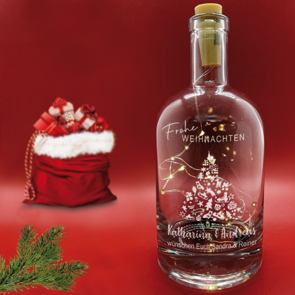 Beleuchtete LED Flasche mit Gravur zu Weihnachten