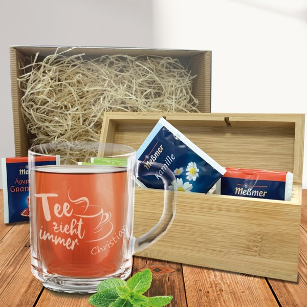 Geschenkset "Tee zieht immer" mit Leonardo Glastasse und Teebox individuell graviert