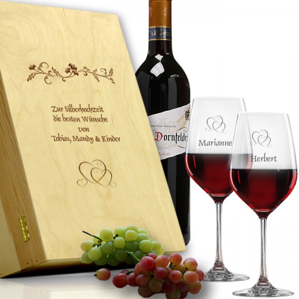 Rotwein Gläser im Set zur Silberhochzeit mit Holzkiste