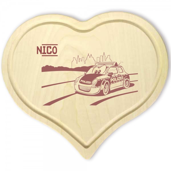 Herz Frühstücksbrettchen mit Polizeuauto und Namensgravur
