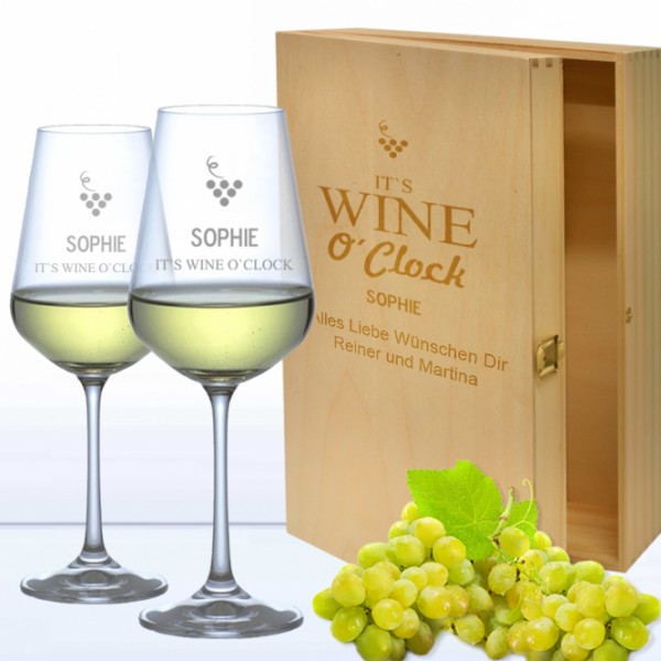 Geschenkset Weißweingläser in 3er Holzkiste WINE O CLOCK mit Namensgravur