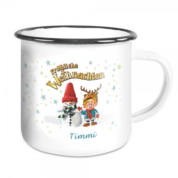 Emailletasse zu Weihnachten mit Schneemann und Namen