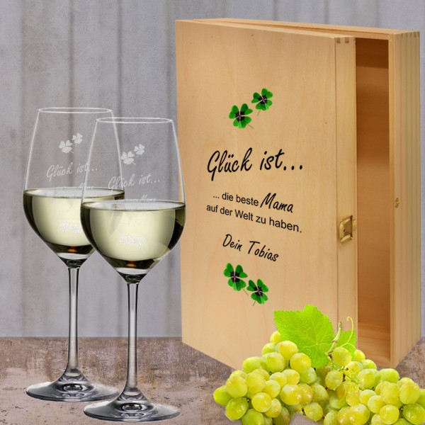 Persönliches Weißwein Geschenkset "Glück ist" in Holzkiste bedruckt