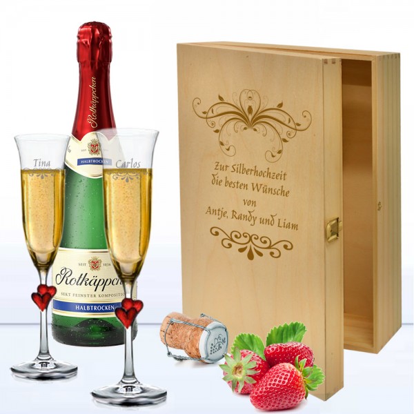 Sektgläser zur Silberhochzeit im Geschenkset mit 3er Holzkiste