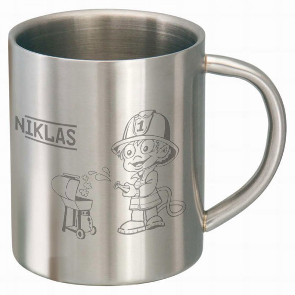 Edelstahltasse mit Feuerwehrmann als Motiv und Namensgravur