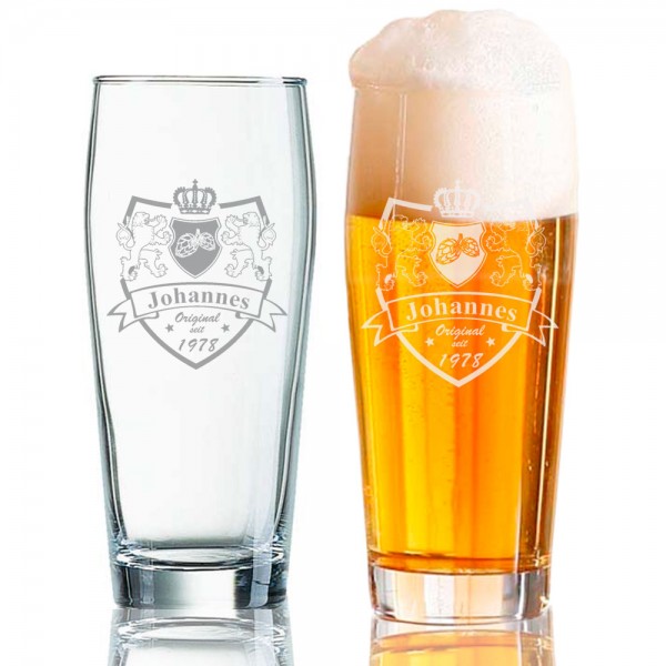 Bierbecher mit Wappen, Namen und Geburtsjahr graviert