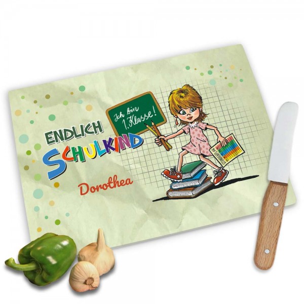 Zum Schulanfang Frühstücksbrett mit Namen bedruckt