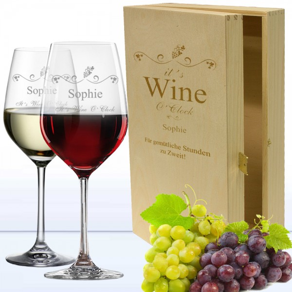 Weingläser in 2er Holzkiste WINE O CLOCK mit Namen