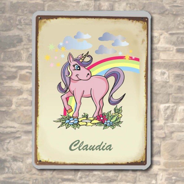 Blechschild im Einhorn-Look mit Namen bedrucken