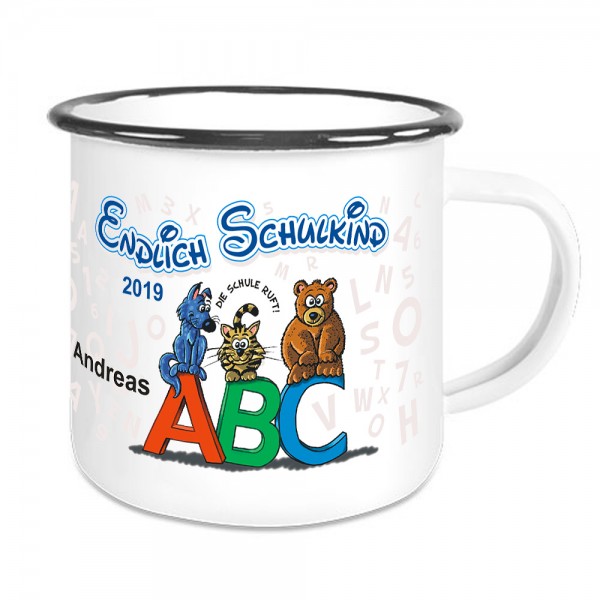 Emailletasse zum Schulanfang mit Tiermotiv und Namen