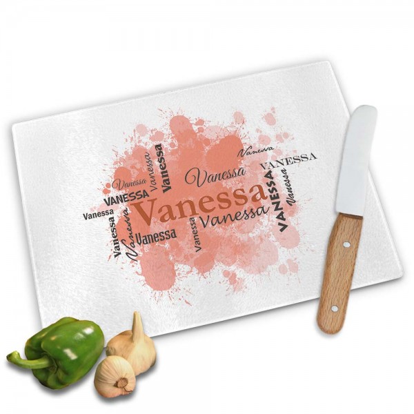 Frühstücksbrett mit Wunschnamen in verschiedenen Schriftarten - rot