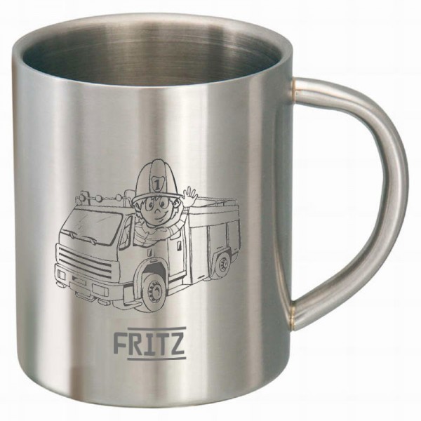 Edelstahltasse mit Feuerwehrauto als Motiv und Namen