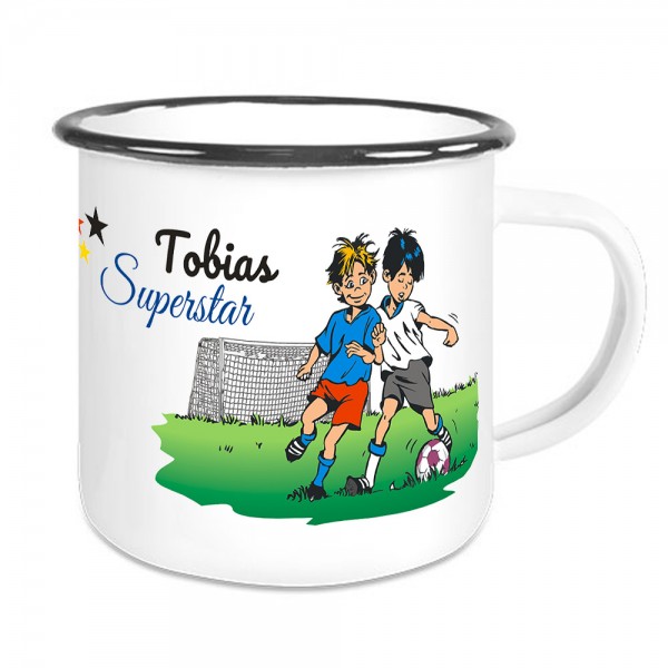 Emaille-Tasse für Kinder mit Fußball Motiv und Namen bedruckt