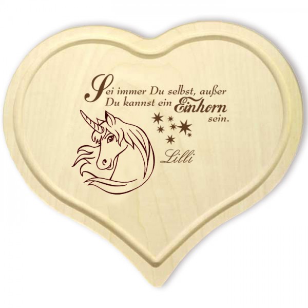 Herz Frühstücksbrettchen Holz mit Einhorn