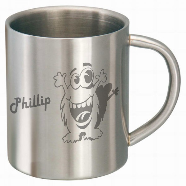 Edelstahltasse mit Monster als Motiv und Namensgravur