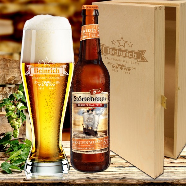 Biergeschenk graviertes Weizenbierglas im Geschenkset