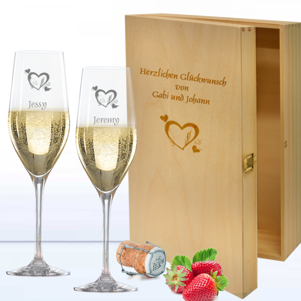 Sekt-Set mit Gravur in Holzkiste