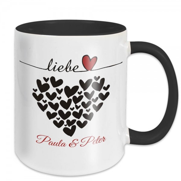 Tasse für Paare - Liebe Herzen - mit Namen - schwarz