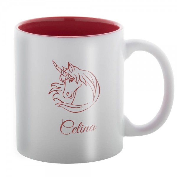 Keramik-Tasse mit Gravur eines lustigen Einhorns und Namen