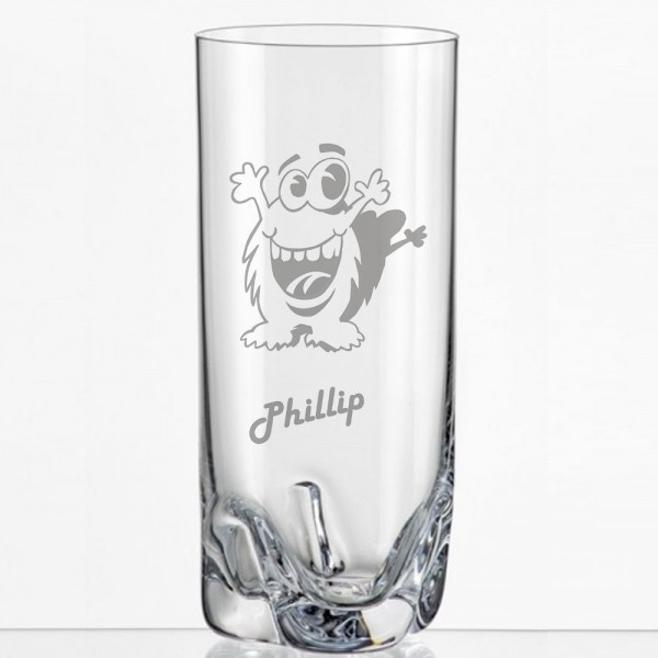 Saftglas mit lustigem Monster und Namen personalisiert