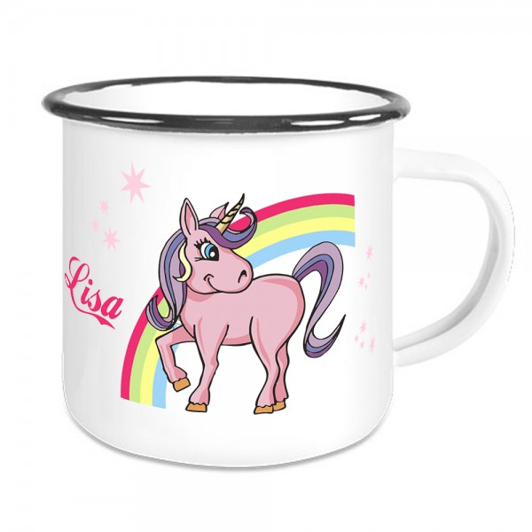 Emailletasse für Kinder mit Einhorn eigenem Namen