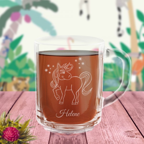 Persönliche Glas Tasse mit Einhorn und Namen individuell graviert