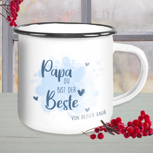 Emaille Tasse "Papa du bist der Beste" mit Wunschtext bedruckt