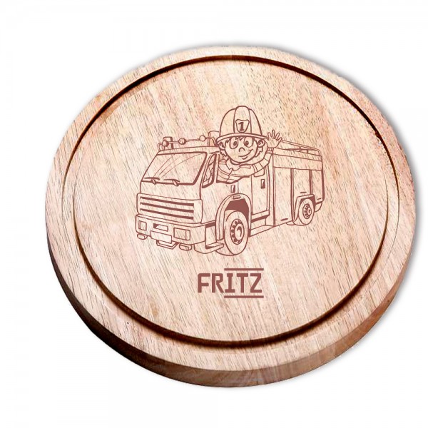 Rundes Schneidebrett Holz mit Feuerwehrauto und Namen