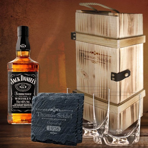 Jack Daniel´s Whisky Set personalisiert in 2er Holzbox
