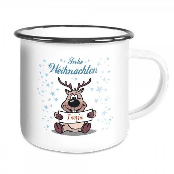 Weihnachten Emailletasse mit witzigem Elch und Namen