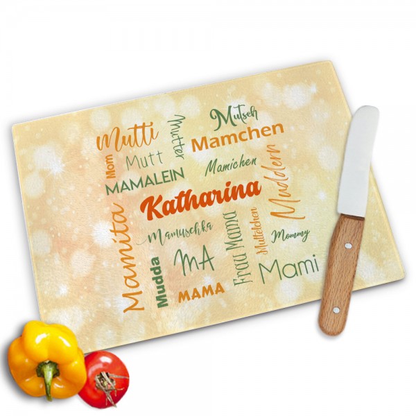 Glasschneidebrett für die Mama mit Wunschnamen bedruckt