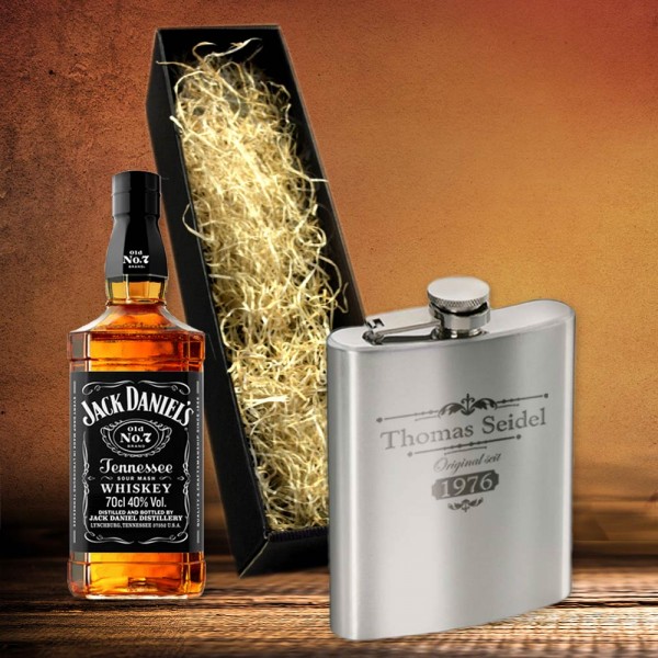 Jack Daniel´s Whisky Geschenkset mit Flachmann und Gravur