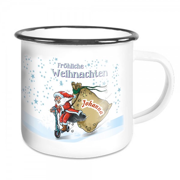 Emaille Tasse Weihnachtsmann auf e-Scooter und Namen
