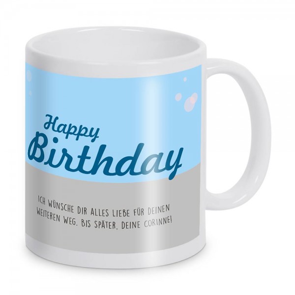 Keramiktasse zum Geburtstag mit Gruß und Wunschtext