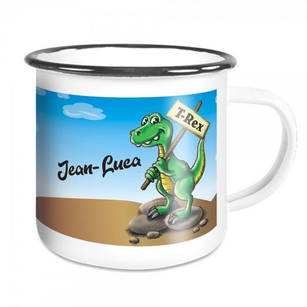 Emailletasse zum Schulanfang mit Dino T-Rex und Namen