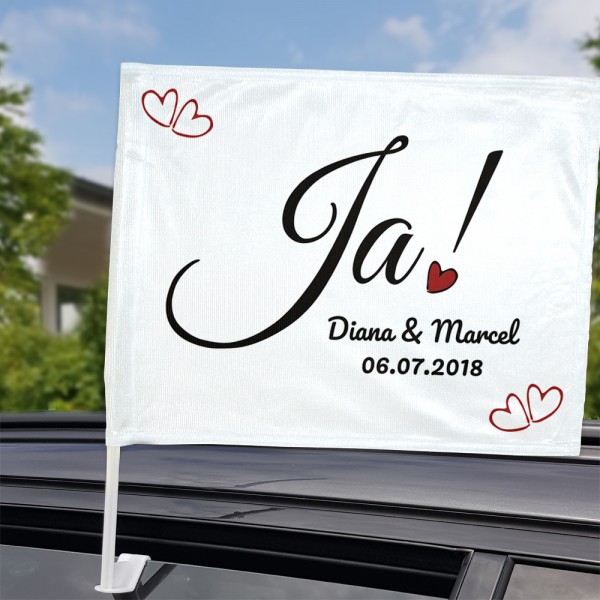 Persönliche Autofahne zur Hochzeit individuell mit Namen oder Text bedruckt