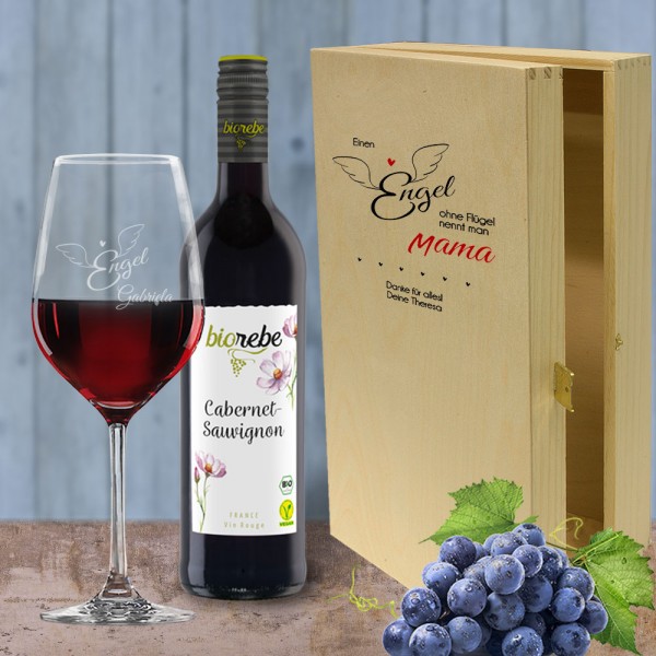 Rotwein Geschenkset bedruckt und graviert mit Wunschtext - Einen Engel ohne Flügel