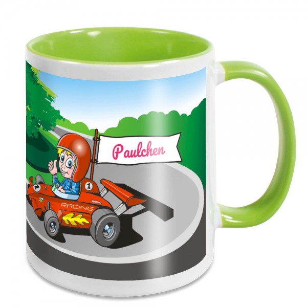 Persönliche Tasse für Jungs - Rennfahrer mit Namen bedruckt