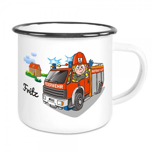 Kinder Emaille-Tasse mit Feuerwehrauto und Namen